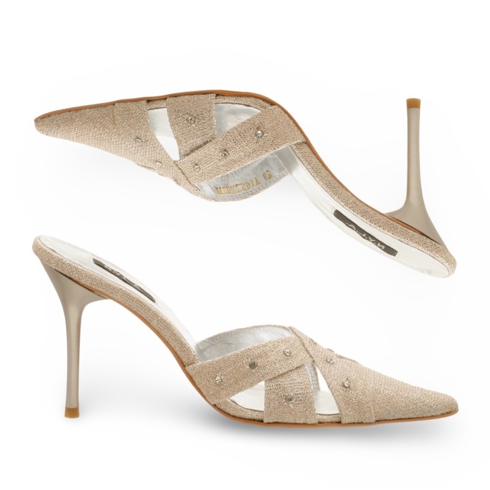 N.Y.L.A. Wednesday Pump Linen Rhinestone studded nude beige silver mules Sz 8 - Picture 4 of 9